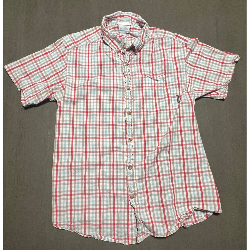 Columbia Mens Regular Fit Plaid Short Sleeve Button Down Shirt Red Blue AM9132 M